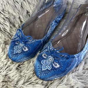 J McLaughlin Size 10 M‎ Mercer Ballet  Flats Slip On Paisley Blue White Bow